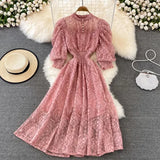 Vintage Women Lace Dress Spring Summer Elegant Stand Collar Puff Sleeve High Waist Party Vestidos Female Runway Robe 2022