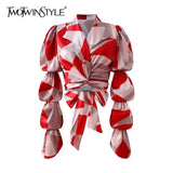 Hit Color Printed Shirt For Women Lapel Puff Long Sleeve Patchwork Short Tops Female Fashion New Clothing