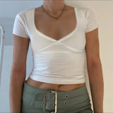 Girls Sexy V-Collar Lace Stitching Solid Color Short-Sleeved Basic Casual Short-Sleeved Blouse 2024 Summer New Style-Outfit
