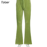 Pink Solid Sweet Cute Velvet NEW Flare Pants Design Pockets Drawstring Low Waist Slim Sexy Womens Joggers