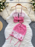 Drawstring Women Denim Strapless Set Backless Summer 2022 Zipper Sashes Camisole A Line Skirt Fashion Two Piece