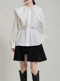 Women Green Pleated Belted Big Size Blouse New Lapel Long Sleeve Loose Fit Shirt Fashion Tide Spring Autumn 2023
