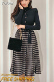 Winter Elegant Women Dress Lady Formal Knitted Stretchy Vintage Bird Lattice Belt Slim Midi Pleated Robe Femme