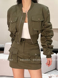 Cool Wind Design Feeling Autumn Suit Female Collar Zipper Baseball Suit Overcoat High Waist Short Skirt Two-Piece Set-Outfit