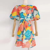 Cut Out Print Dress For Women Round Neck Short Sleeve High Waist Solid Mini Dresses Female Summer Clothes Style