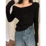 Autumn Off Shoulder Knit Pullover Women Design Sweet Long Sleeve Sweater Y2k Tops Korean Fashion Office Lady Outwear