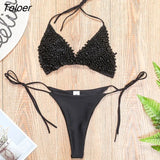 Sexy Thong Swimsuit 2023 Holiday New Swimwear Bra Top And Underpants Bead Pearl Sexy Bikinis 2 Pieces Outfits