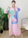 Straight Dress For Women Lapel Long Sleeve Single Breasted Colorblock Patchwork Ruched Dresses Female Clothing