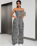 Women's Denim Cloth Jumpsuit Women's Fashion Babes Breasts Multi-Pocket Work