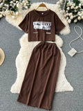 Women Casual Fashion Two Pieces Suits Print Short Sleeve T Short+Split Mid Long Skirt Suits Female Summer Vinage