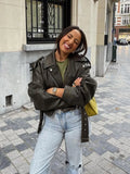 gradient leather jacket Women Vintage turn down collar belt zipper short Coat Autumn Female casual chic