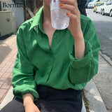 2021 Women Summer Autumn Loose Blouses Green Shirts Buttons Casual Vintage Cotton and Linen Oversize Office Wild
