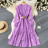 2022 Spring Women Dress Vintage Long Sleeve Single Breasted Hollow Out Solid Dresses A-line Casual Holiday Midi