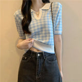 Color Polo Collar Short-Sleeved Knitwear Summer 2025 New Fashion Temperament Loose Chic Lattice Blouse Female