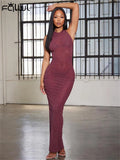 Apricot Backless Mesh Long Dress Summer For Women 2023 See Through Bodycon Off Shoulder Maxi Dress Sexy Evening