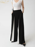 Fashion Black Office Women's Pants 2022 Elegant Loose High Waist Wide Leg Trousers Lady Casual Chic Patchwork