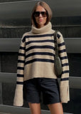 Fashion Beige Stripe High Collar Slit Long Sleeve Knit