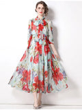 Summer Runway Beach Boho Chiffon Dress Women Bow Collar Floral Printed Elegant Holiday Party Pleated Midi Dress