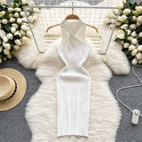 Backless Sexy Women Knitted Dress Summer 2022 Korean Style O Neck Slim Solid Sleeveless Ladies A Line Midi