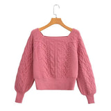 New Square Collar Long-Sleeved Twist Textured Short Sweater In Autumn-Outfit