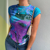 Tie Dye Print Y2K T-shirts 90s Vintage Aesthetic E-girl O-neck Short Sleeve Summer Sweats Tee Tops Women Basic