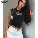 Top Y2K Tops Letter Print Tshirt O Neck Short Sleeve Tees Women Clothes Solid Baic Blue 90s Causal Streetwear Black T