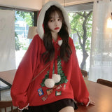 Hoodies Women Autumn Winter Loose Cute plus-Sized Size Top Christmas Tree Thick Long Sleeve Student Hairy Ball Casual