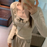 Lace Collar Bow Tie Bottom Shirt Women's New Spring Blouse Design Sense Minority Wear Long-Sleeved T-Shirt-Outfit