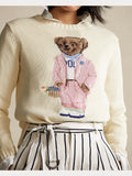 New Knitted Shirt Pink Cartoon Bear Embroidered Knitted Shirt Collar Long-Sleeved Sweater Cute Wind Top