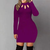 Bodycon Dress Women Long Sleeve Solid Color Dresses Spring Autumn Sexy Hollow Out Round Neck Black Mini Dress Cotton S M L