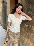 Xixi 13 Line 2025 Spring And Summer New Temperament Thringing Knotted Knitted Knitted Short-Sleeved T-Shirt