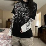 E-Gir Gothic Grpahics T-Shirt Vintage Gothic Printed Round Collar Loose Shirt Y2K-Outfit