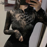 Sleeve Slim Chinese Y2K Turtleneck Black Sexy Blouses Top for Women 2022 New Vintage See Through Lace Women's Shirt