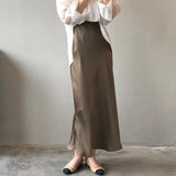 Women's High Waist Side Slit Hems Maxi Satin Skirt Elastic Waist Long