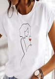 White Casual O-Neck Short Sleeves Print