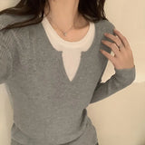 Ins Color Splicing Fake Two Long-Sleeved Tops Women's New Minority Autumn And Winter Knitted Bottomed Sweaters-Outfit