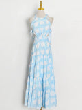 Casual Print Colorblock Cut Out Dress For Women Round Neck Sleeveless High Waist Loose Long Dresses Female