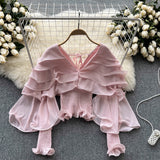 Ruffles Slim Chiffon Long Blouse Fashion V Neck Chic Long Sleeve Elastic Waist 2022 Autumn French Streetwear Solid