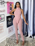 Summer Streetwear 2 Two Peice Set Outfits Tracksuit Women Sleeveless Asymmetrical Crop Top Skinny Pants Blue Matching