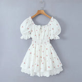 Princess Yellow Cherry Print Spliced Lace Corset Style Mini Dress Women Puff Sleeve Slim Waist Ruffle Hem Cake Party Robe-Outfit