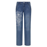 y2k Printed Blue Jeans Kawaii Baggy Straight Trousers Retro Streetwear Pockets Zipper Denim Joggers Women Hot Mom