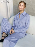 Blue Elegant 2 Piece Women Pantsuit Office Satin Outfits Button Shirts And Wide Legs Long Pants Oversize Suit