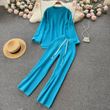 Casual Winter Loose Sweater Sets O Neck Tops+Drawstring Wide Leg Long Pants 2022 Women OL Solid Knit Two Pieces
