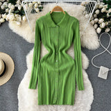 Autumn Striped Knitted Dress Women Lapel Button Sheath Warm Dress Ladies Fashion Solid Elastic Waist Sweater