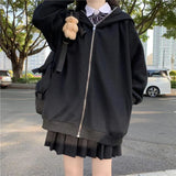 QWEEK Bunny Hoodie with Zipper Kawaii Oversized Sweatshirt 2021 Cardigan Women Long Sleeve Cute Top E Girl Pullover Solid Zip