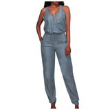 Summer Jumpsuit Women Solid V Neck Denim Overalls Female Pocket Sleeveless Jeans Rompers §ܧà§ާҧڧߧ֧٧à§ß §ا֧ߧã§ܧڧÛ