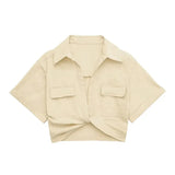 Women Safari Style Pockets Patch Knotted Linen Short Smock Blouse Lady Chic Kimono Cropped Shirt Blusas Tops-Outfit