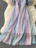Sexy Women Spaghetti Strap Mesh Midi Dress Summer Elegant Off Shoulder Rainbow Striped Colorful Beach Vestidos Female Robe