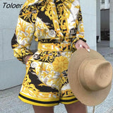 Women's Short Set and Blouse Printed Long Sleeve Top Shorts Suit Two Piece Autumn Winter Elegant Daliy Club Party
