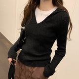 Lapel Folded Into Solid Color Long-Sleeved Knitted Sweater A New Style V-Collar Underwear In Autumn And Winter-Outfit